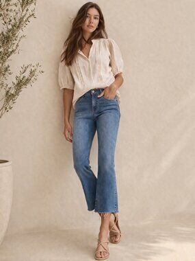 PAIGE Rory Crop Flare Jeans Light Wash Signa Raw Hem High Rise Sz 27